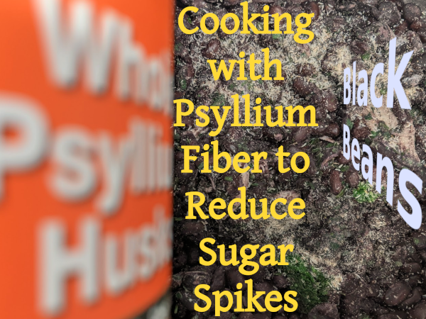 psyllium husk sprinkled onto cooked black beans in a pot